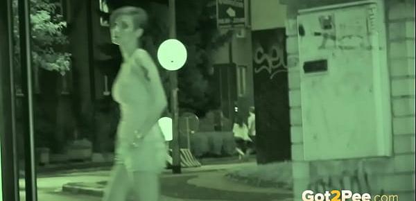  Public Pissing - Night vision catches a hot European peeing outside